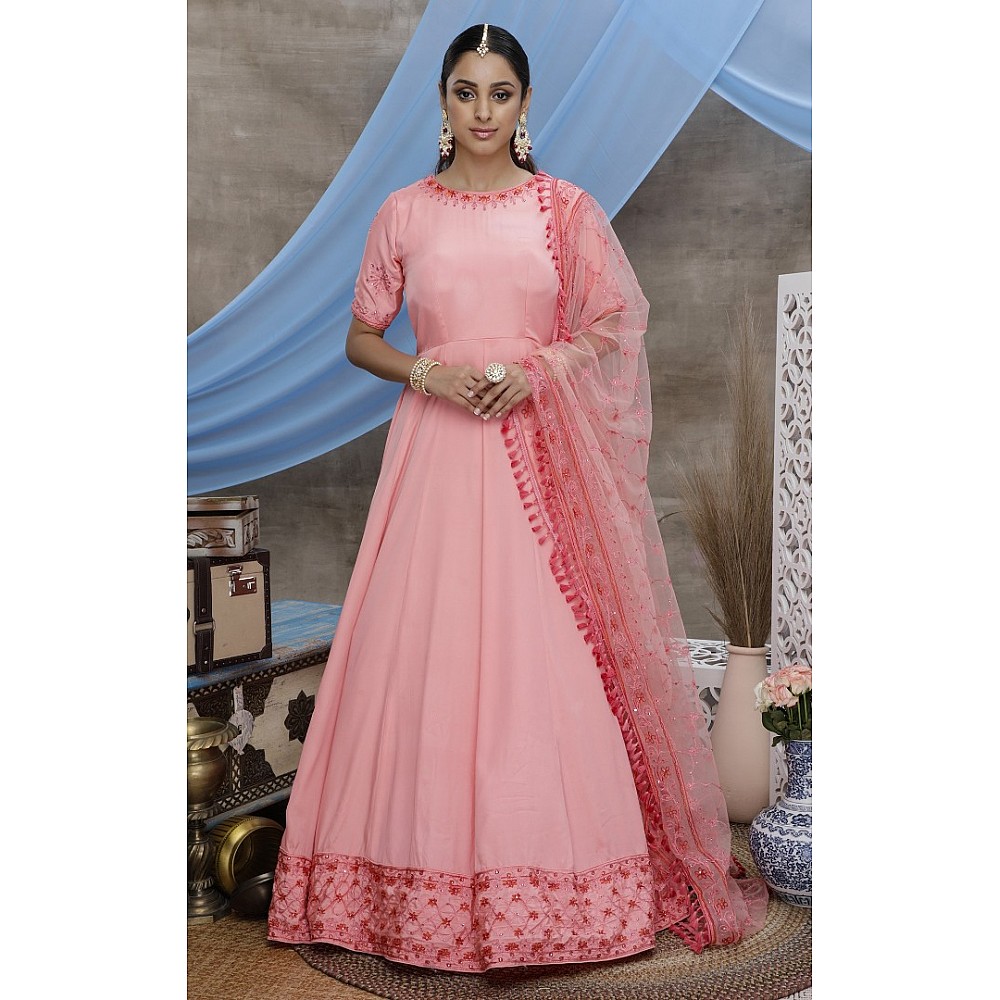 Pink santoon embroidered anrkali gown 