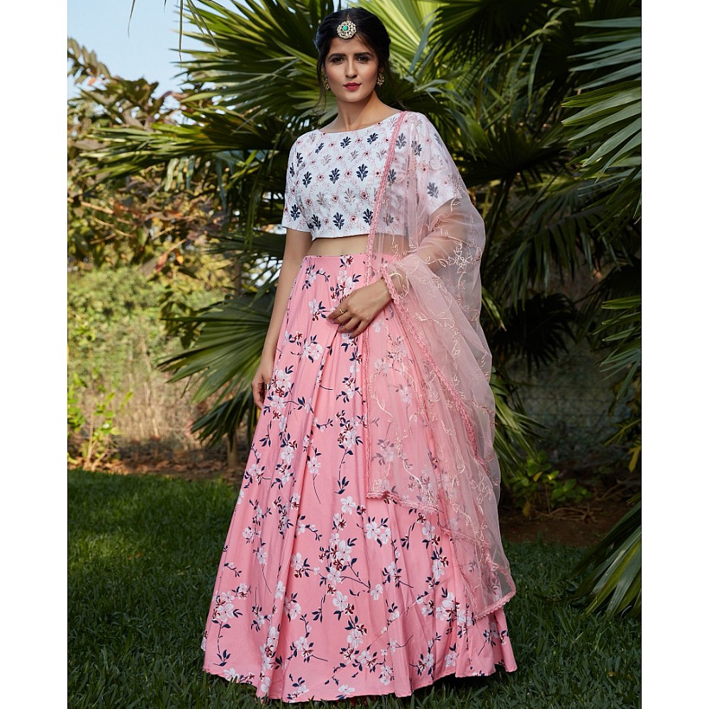 Pink silk crepe flower printed party wear lehenga choli