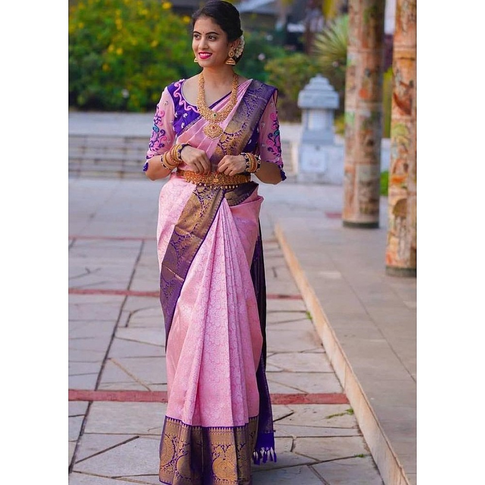 Pink soft lichi silk banarasi jacquard weaving work saree 
