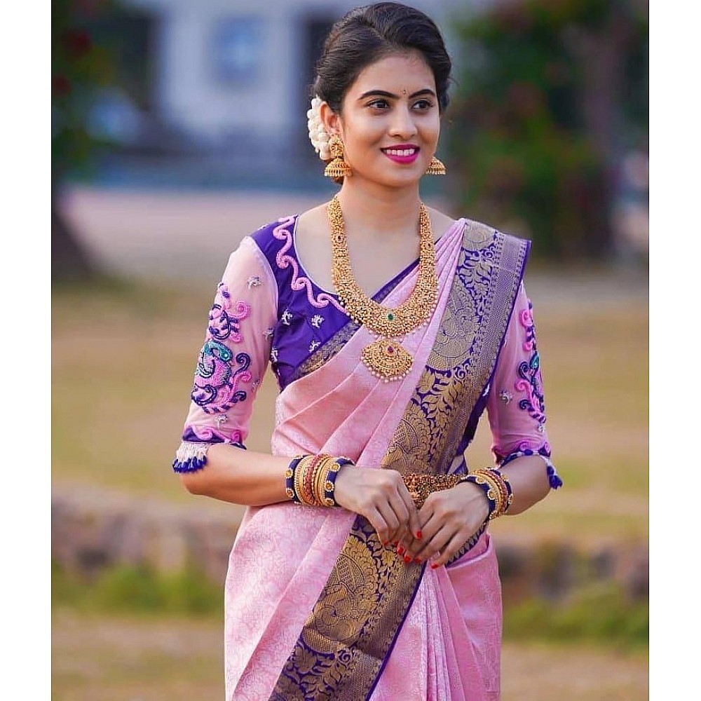 Pink soft lichi silk banarasi jacquard weaving work saree 