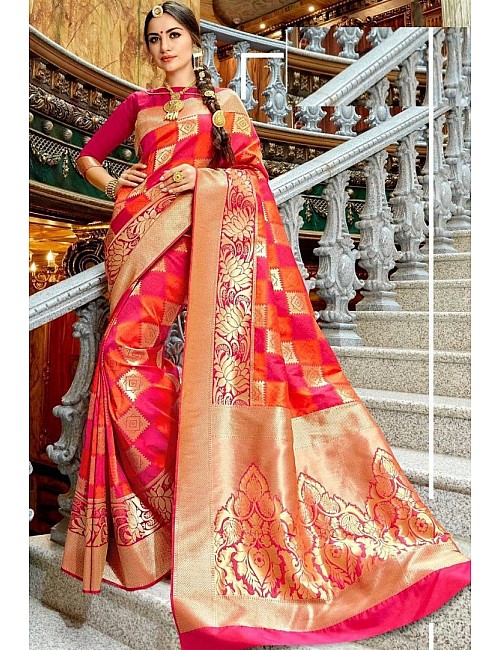 Pink soft lichi silk jacquard weaving work wedding saree