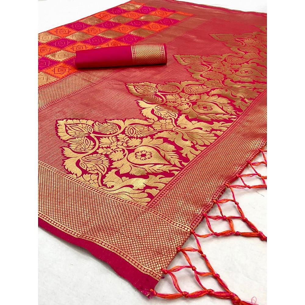 Pink soft lichi silk jacquard weaving work wedding saree