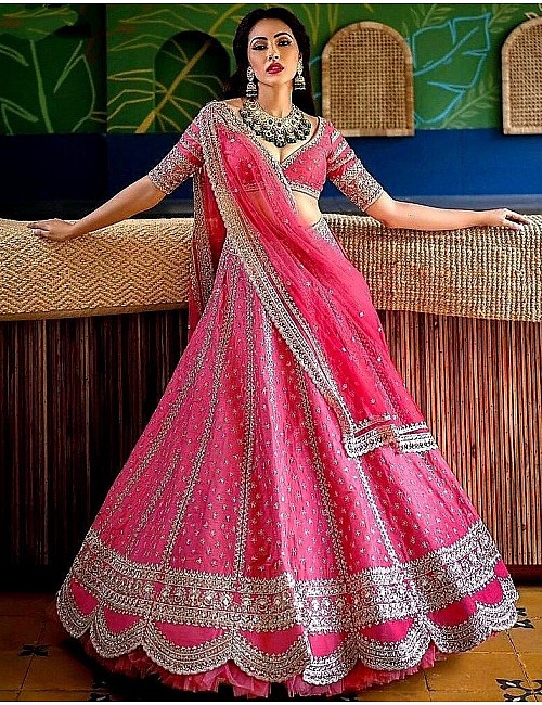 Pink taffeta silk heavy embroidered work ceremonial lehenga choli