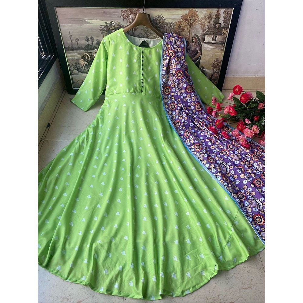 Pista green butter silk gown with printed dupatta