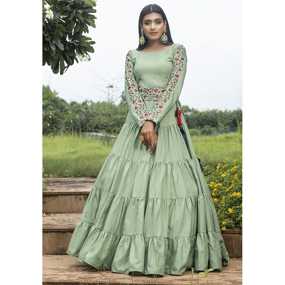 Pista green cotton embroidered sequence  anarkali gown 