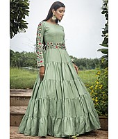Pista green cotton embroidered sequence  anarkali gown