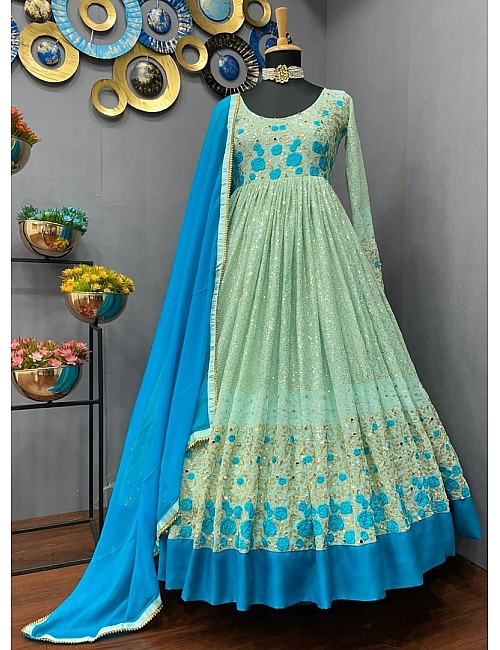 Pista green georgette heavy embroidered long anarkali suit