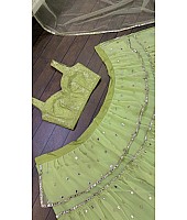 Pista green georgette paper mirror work ruffle lehenga choli