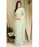 Pista green heavy soft net thread work elegant look saree