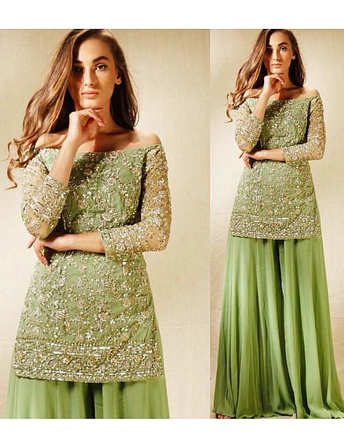 Pista green sequence embroidery work flairy plazzo suit