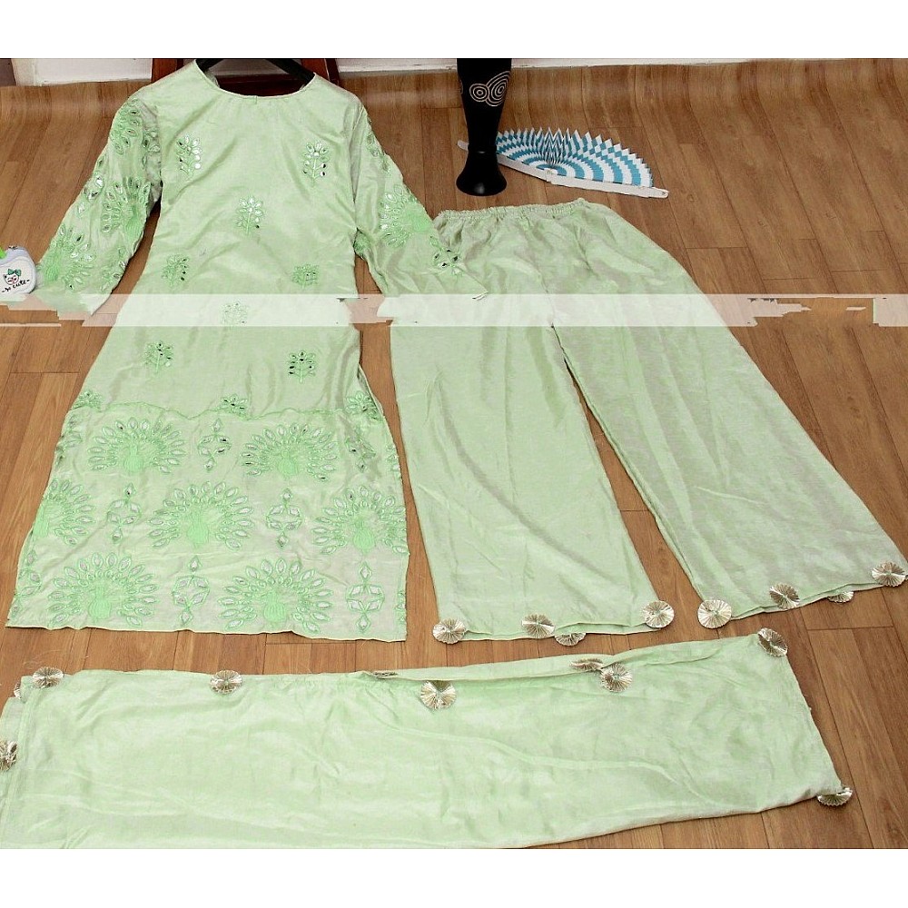 Pista green silk fancy thread work with mirror paper work sarara suit