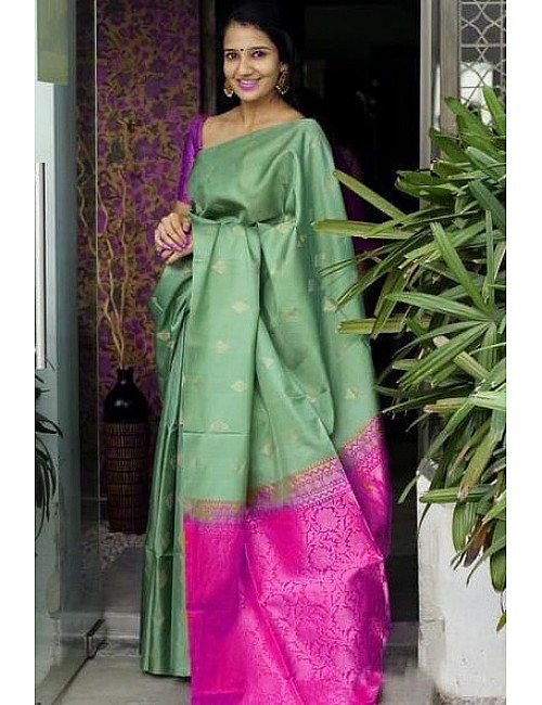 Pista green soft lichi silk jacquard weaving work saree