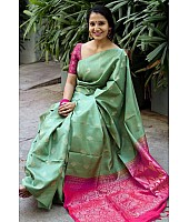 Pista green soft lichi silk jacquard weaving work saree