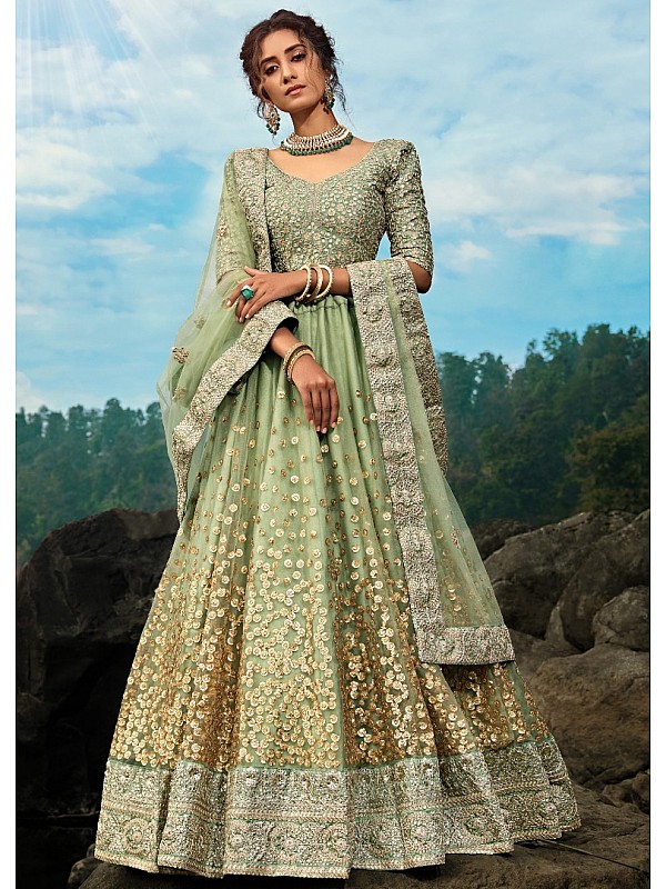 Buy Precious Green Sequins Georgette Wedding Wear Lehenga Choli - Zeel  Clothing