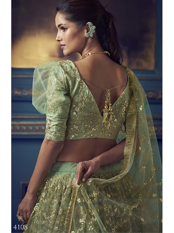 MugdhaArtStudio - Mint green paired up with pista green floor length lehenga  with matched up dupatta, all over golden embroidered with small florals. we  can customize the color and size as per