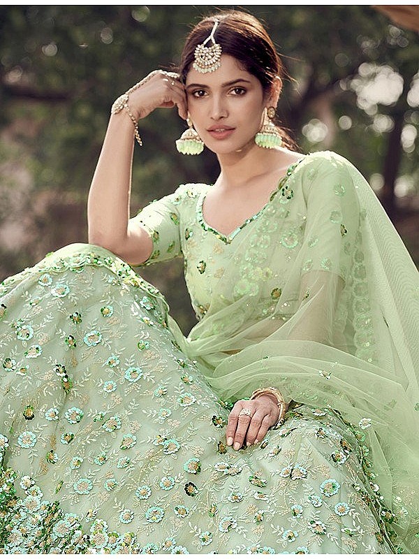 Pista Green Satin Silk Lehenga Choli with over all Floral Resham work –  Ethnos Global