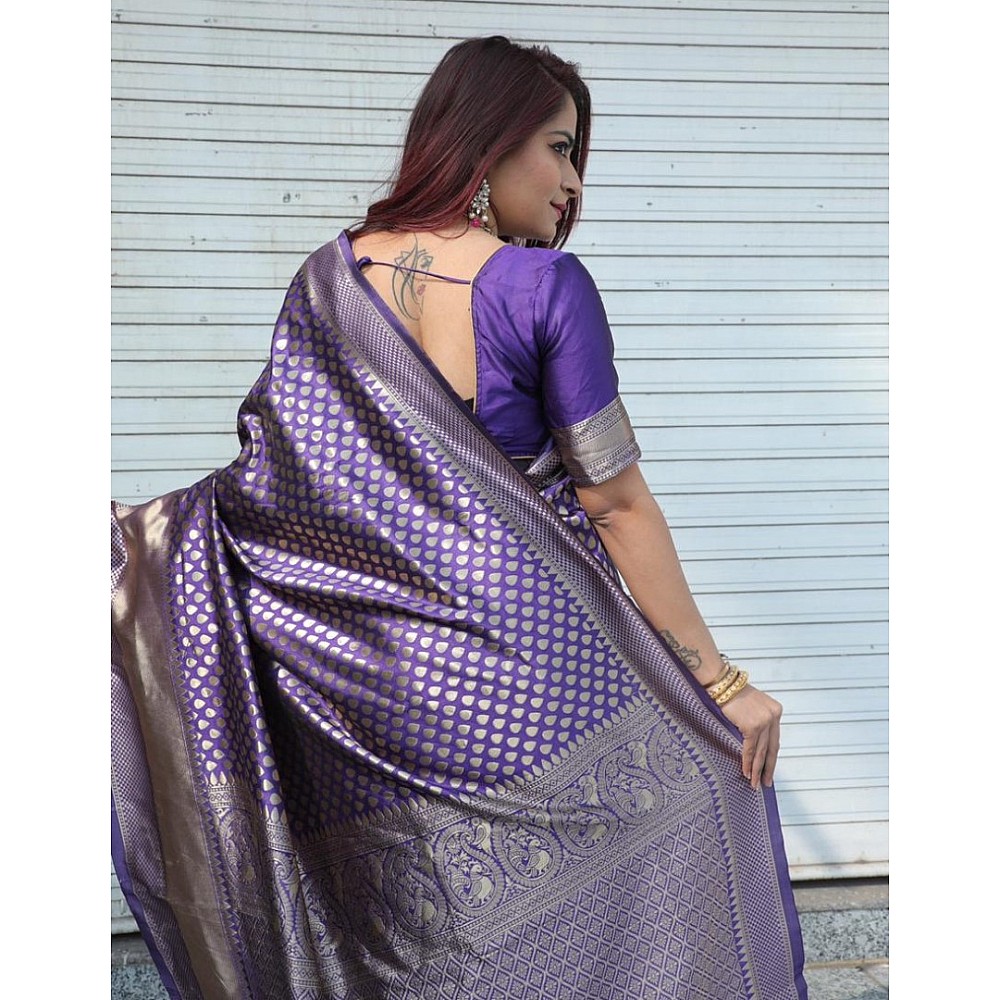 Purple banarasi lichi silk jacquard weaving work wedding saree