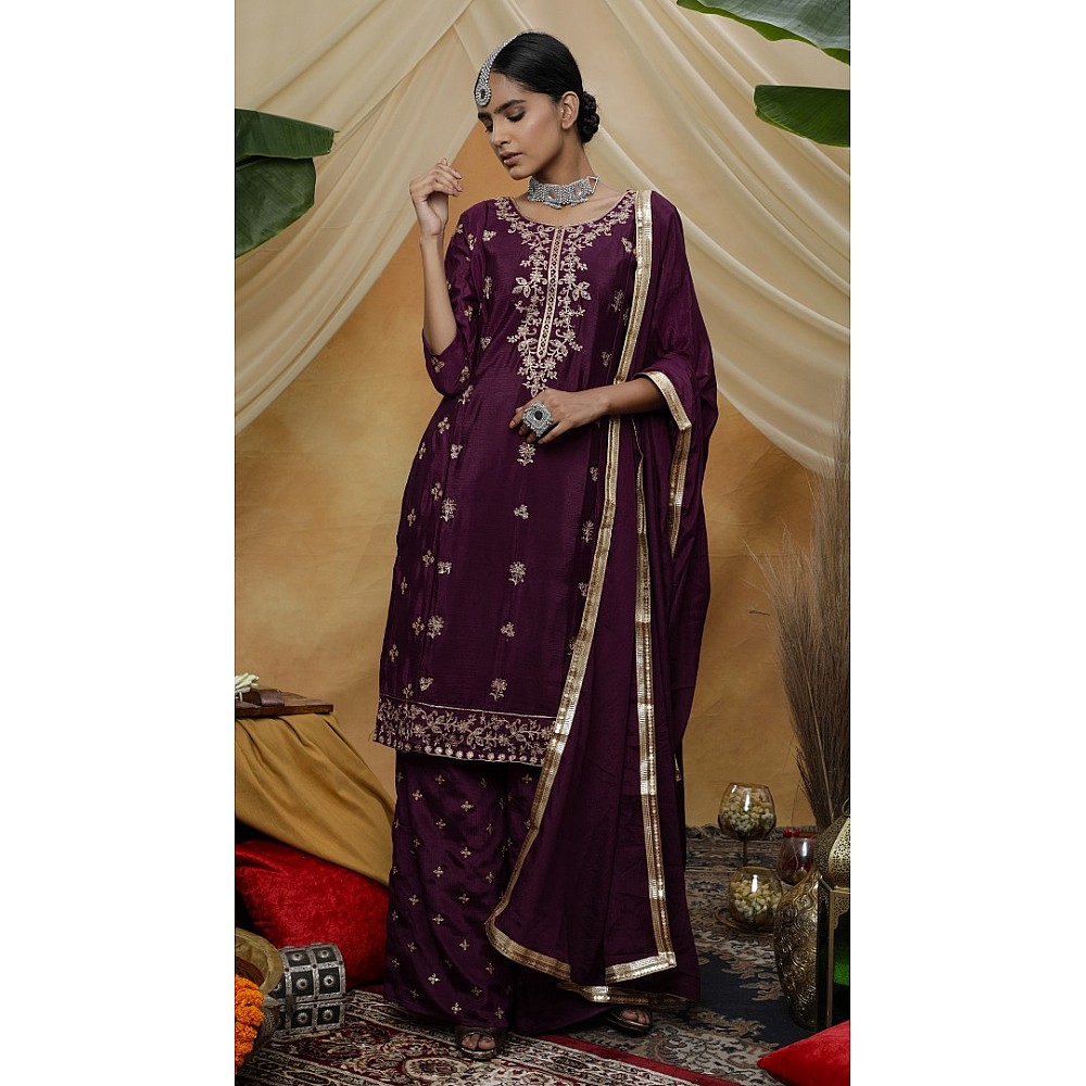 Purple chinon sequence embroidered plazzo suit