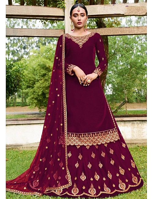Purple faux georgette embroidered stich work lehenga suit