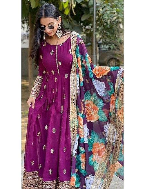 Purple georgette embroidered anarkali suit with printed dupatta