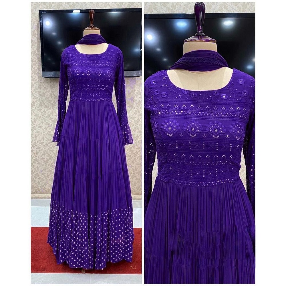 Purple georgette embroidered ruffle layer gown