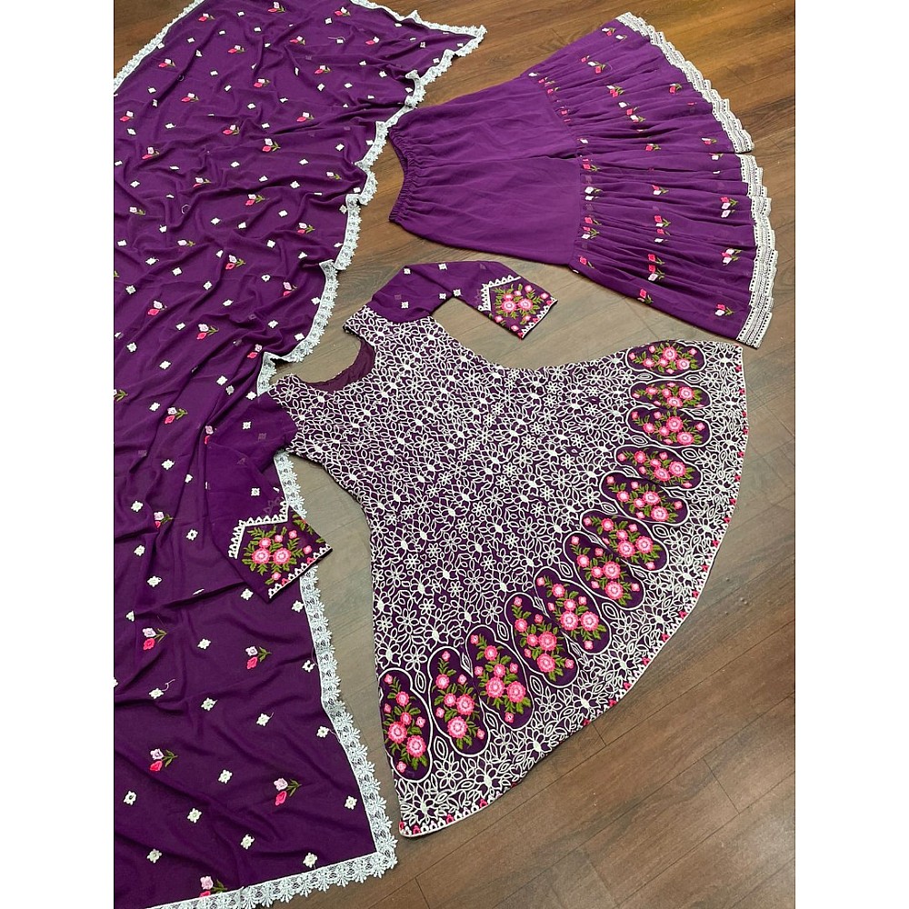 Purple georgette embroidered sharara salwar suit