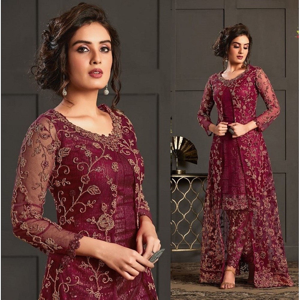 Purple heavy butterfly net with embroidered work salwar suit with koti