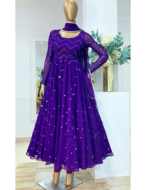 Purple heavy georgette fully embroidered work  occasional wear gown