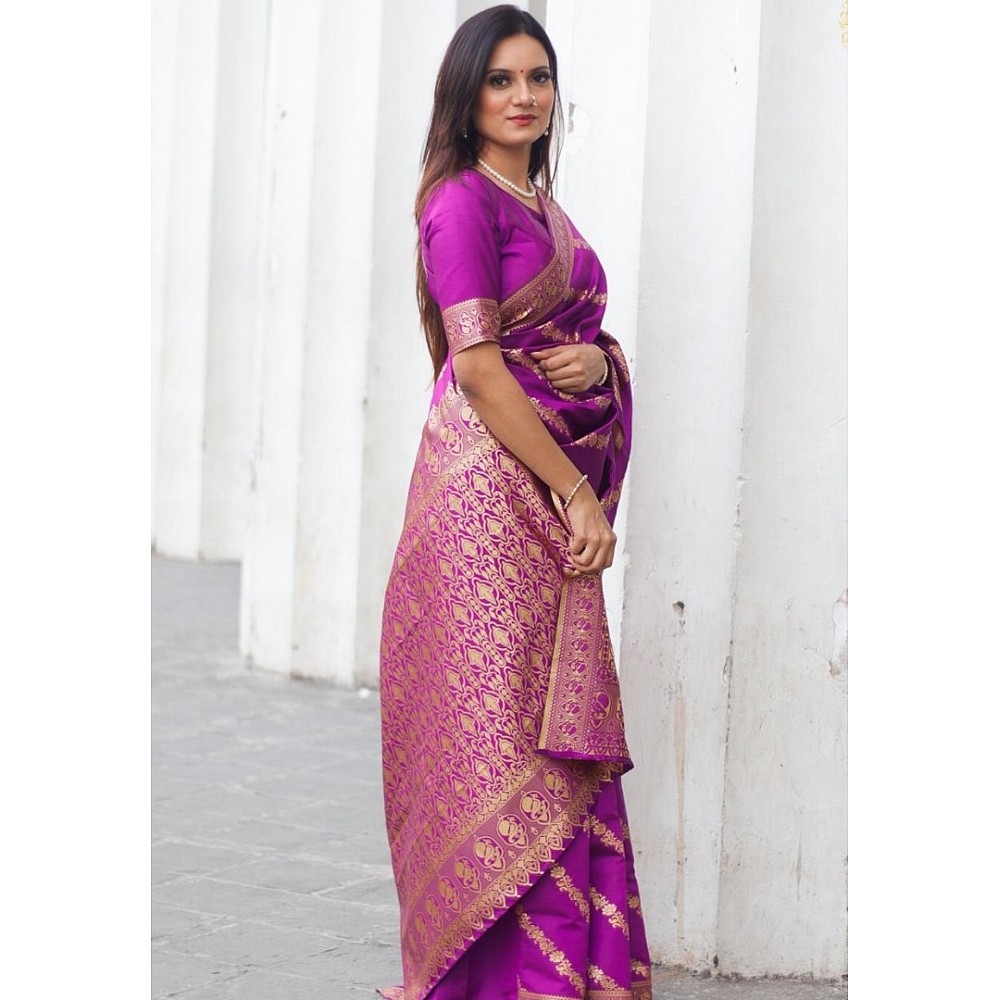 Purple lichi silk jacquard weaving work wedding saree