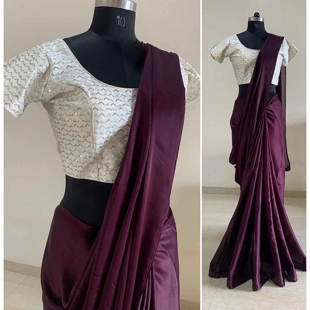 Purple satin silk plain work saree