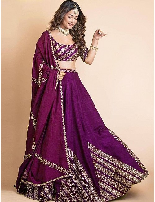 Purple taffeta silk embroidered wedding lehenga choli