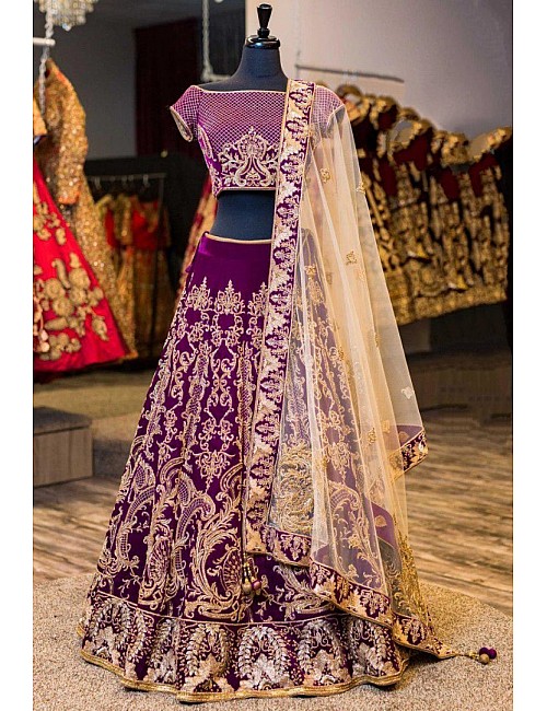 Purple velvet heavy embroidered wedding lehenga choli