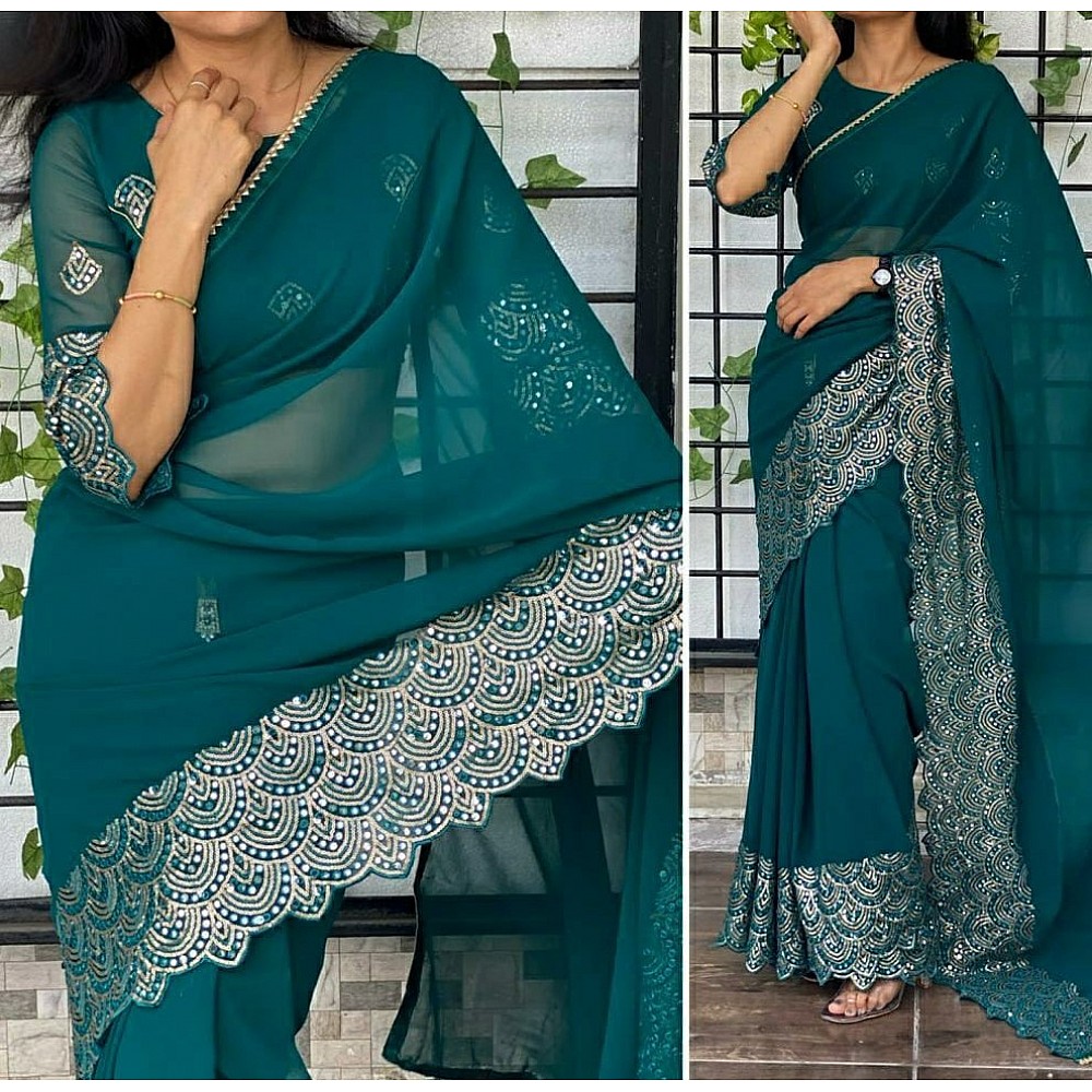 Rama chinon silk sequence and thread work party wear saree