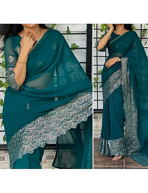Rama chinon silk sequence and thread work party wear saree