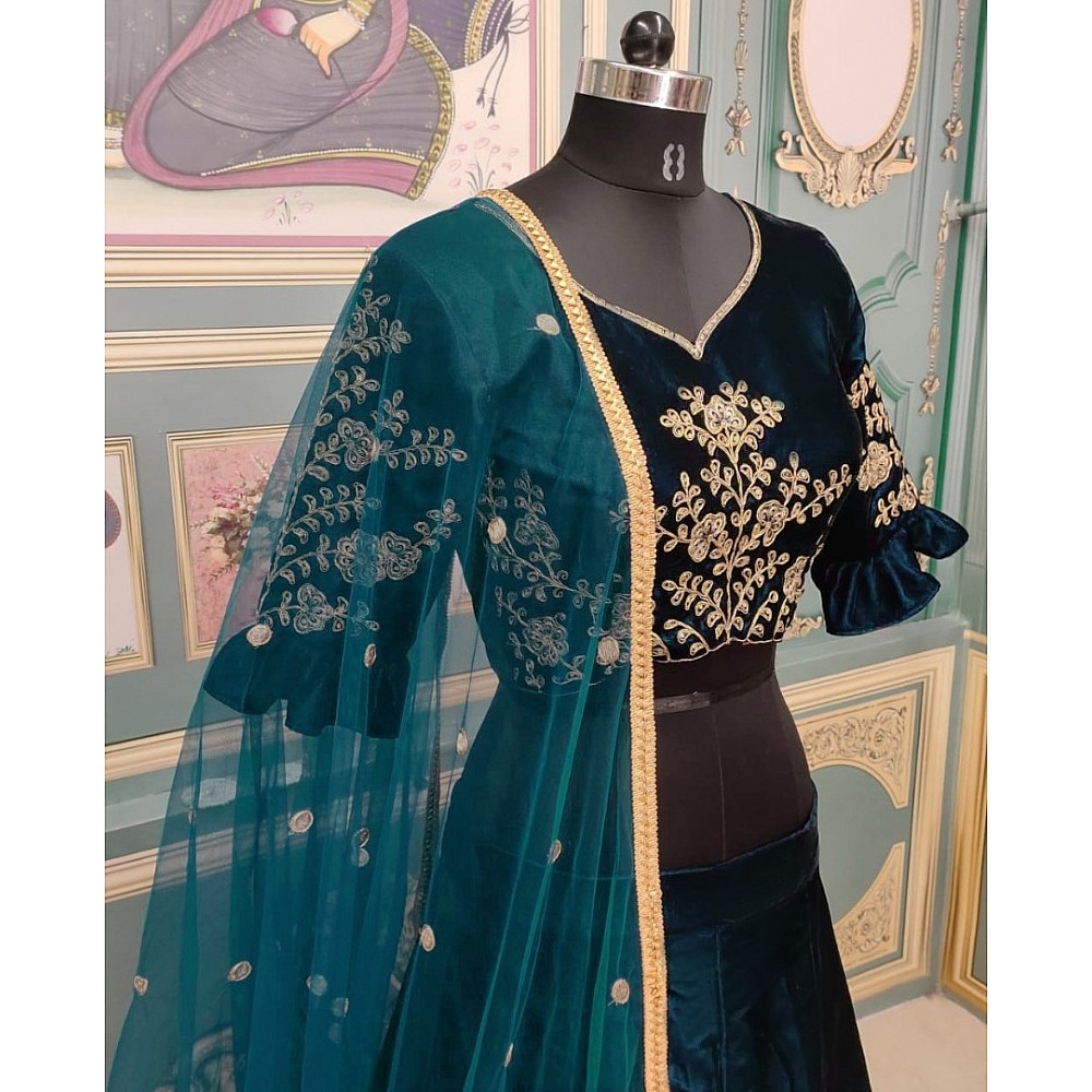 Rama dark green velvet heavy embroidered wedding lehenga choli