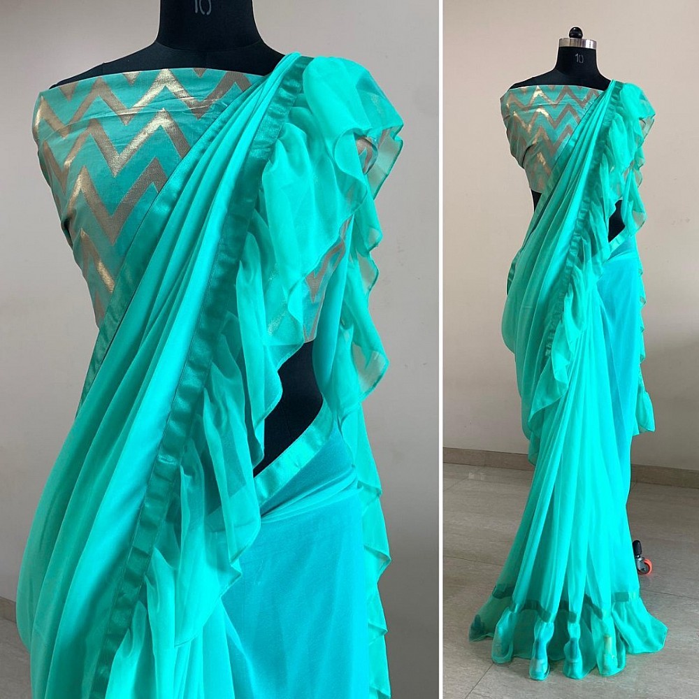 Rama georgette jhalar work saree with jacquard blouse