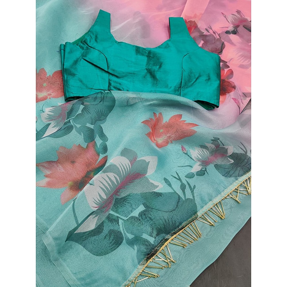 Rama soft organza fancy jhalar and printed work saree