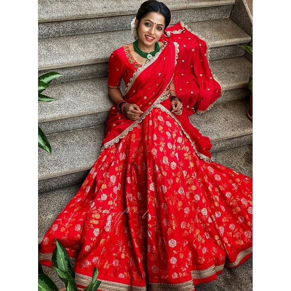 Red banarasi fancy embroidered jacquard wedding lehenga choli