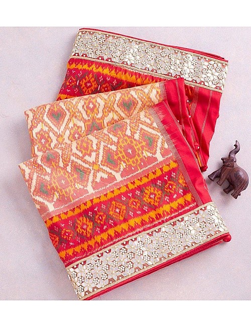 Red chanderi print and sequence foli paper work saree