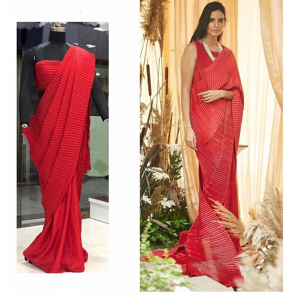 Red chinu pleating work party wear saree