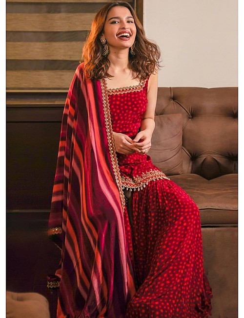 Red crape digital printed sharara salwar suit