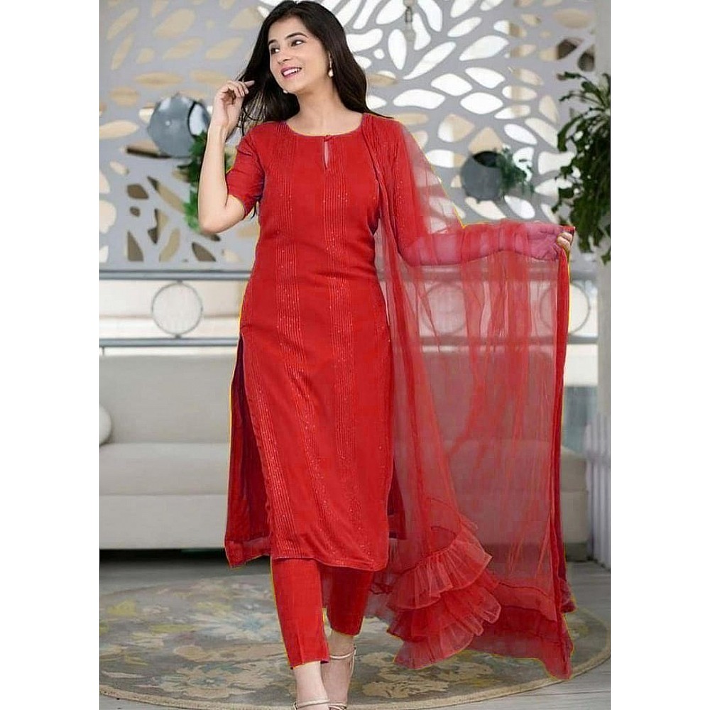 red crepe silk thread sequence work salwar suit 8015