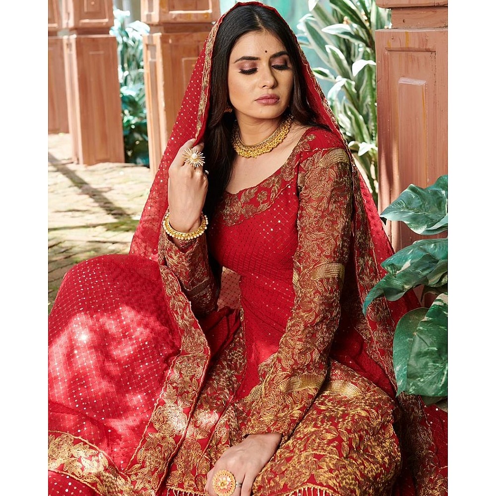 Red georgette embroidered cording with sequence work lehenga choli