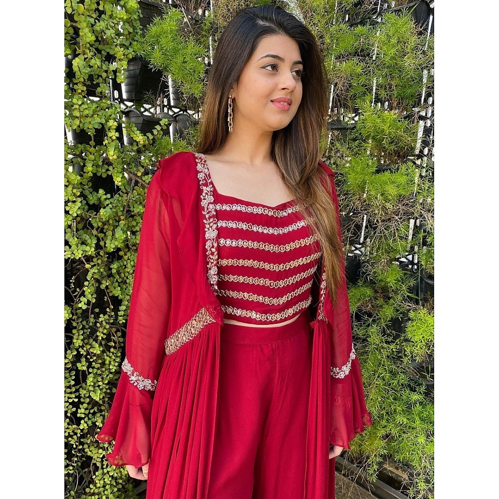 Red georgette embroidered indowestern partywear plazzo suit with shrug