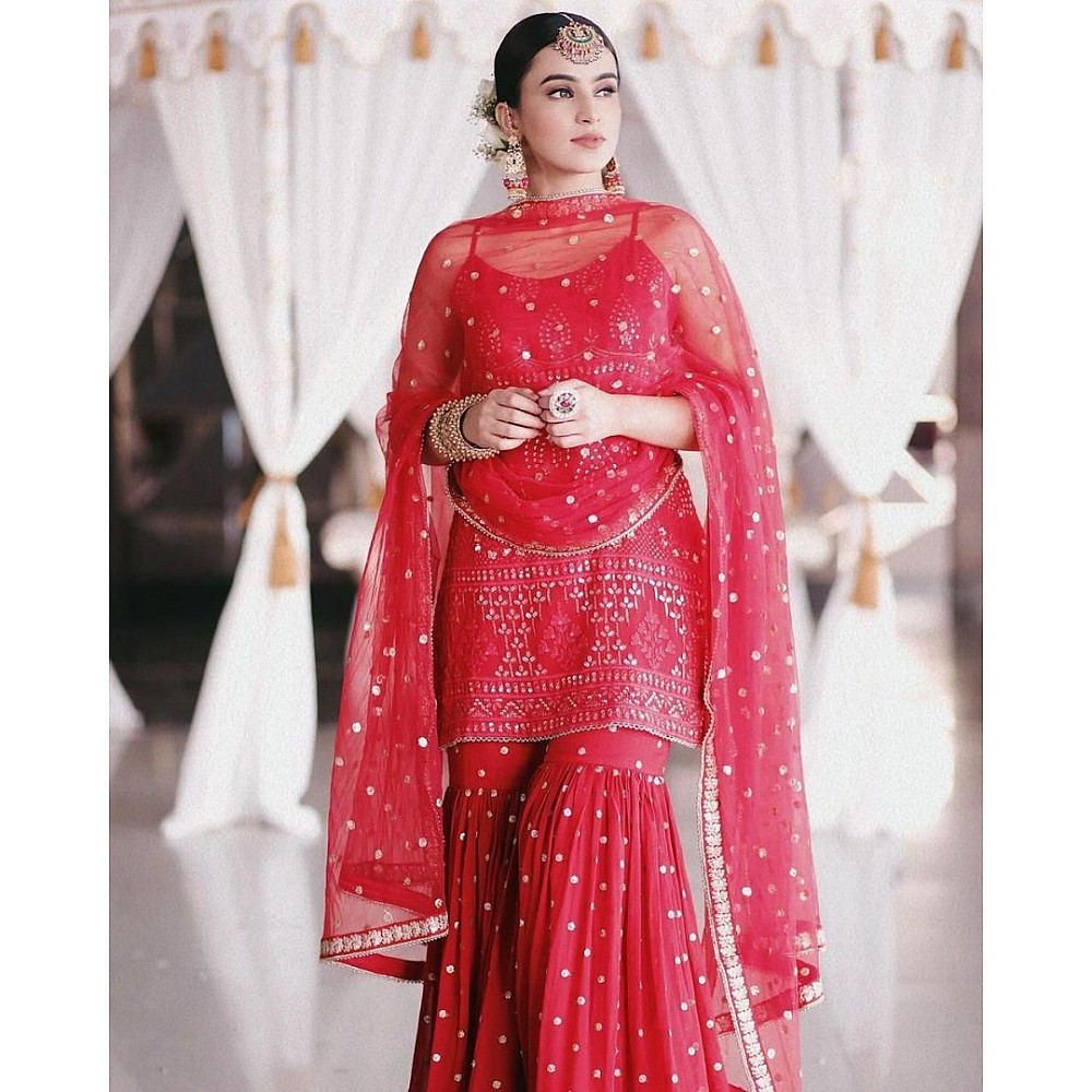 Red georgette embroidered sequence work sharara suit