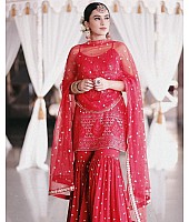 Red georgette embroidered sequence work sharara suit