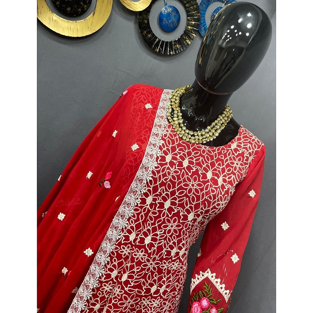 Red georgette embroidered sharara salwar suit