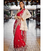 Red georgette embroidered silk saree with taffeta koti