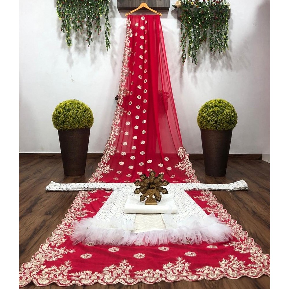Red georgette embroidered silk saree with taffeta koti