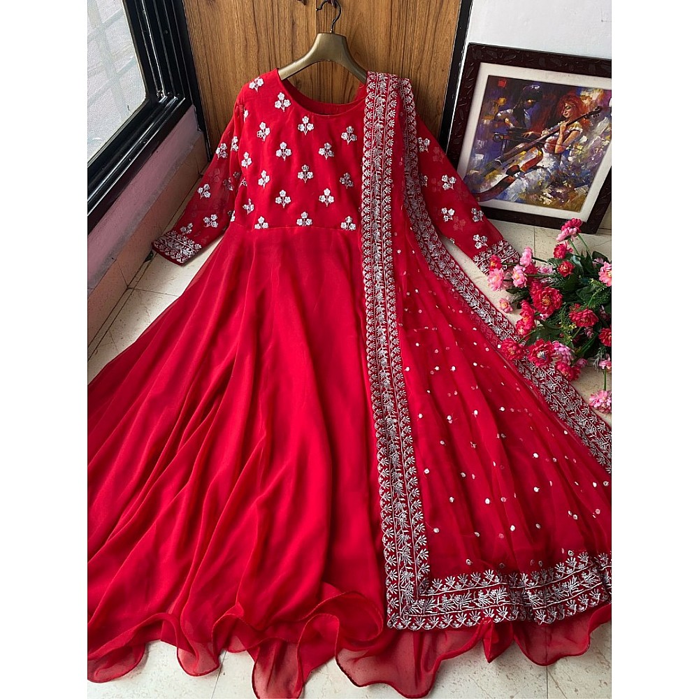 Red georgette embroidered umbrella flair gown